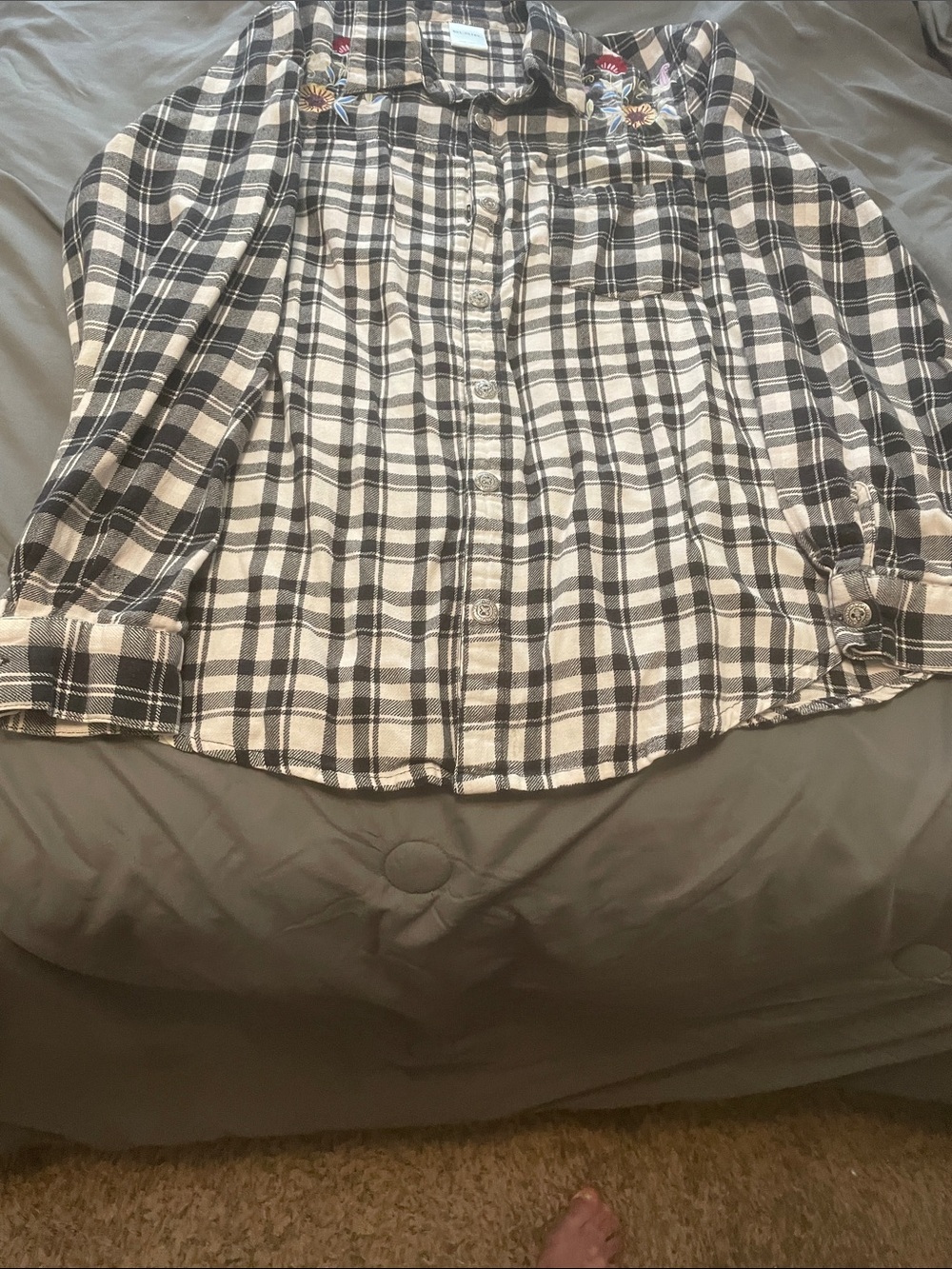 Blair Black and Cream Plaid Button-Down with Shoulder Embroidery